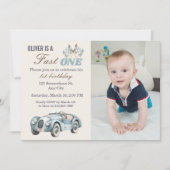 Fast One 1st Birthday Blue Race Car Boy Photo 招待状 (正面)