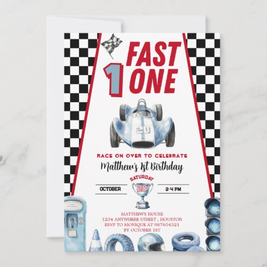 Fast One 1st birthday Boy Racing Car Invitation 招待状 (正面)
