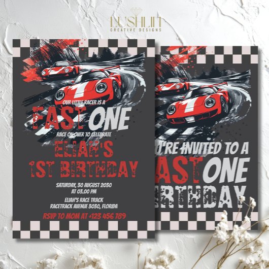 Fast One Birthday Race Car Track Party Red 招待状