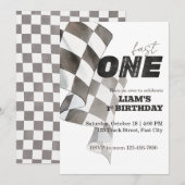Fast ONE Birthday Race Flag 1st Birthday Theme 招待状 (正面/裏面)