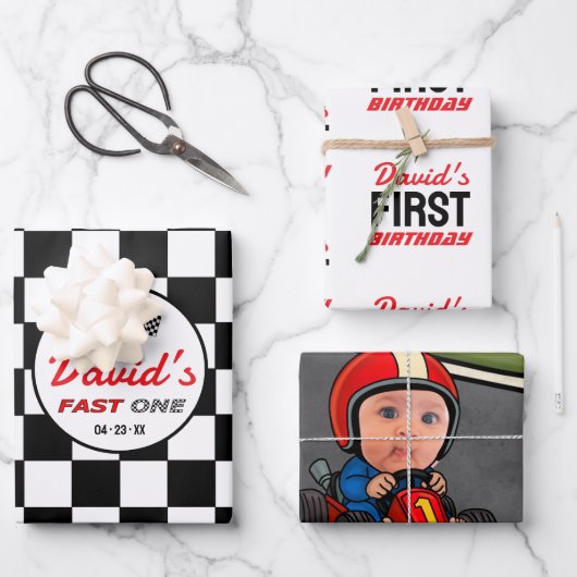 Fast ONE | Black White Race Car Flags Birthday  ラッピングペーパーシート (正面)