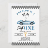 Fast One Blueレースカーボーイ1stバースデーフォト 招待状 (正面)