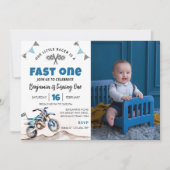 Fast One Blue Dirt Bike Birthday Party Photo 招待状 (正面)