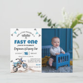 Fast One Blue Dirt Bike Birthday Party Photo 招待状 (スタンド正面)