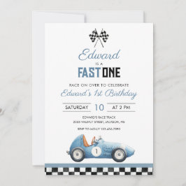 Fast One Blue Race Car 1st Birthday 招待状