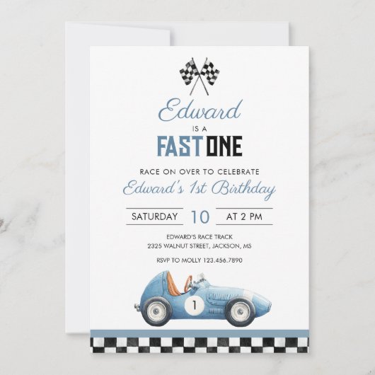 Fast One Blue Race Car 1st Birthday 招待状 (正面)
