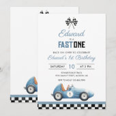 Fast One Blue Race Car 1st Birthday 招待状 (正面/裏面)