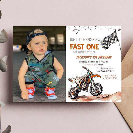 Fast One Dirt Bike Boy 1st Birthday写真 招待状