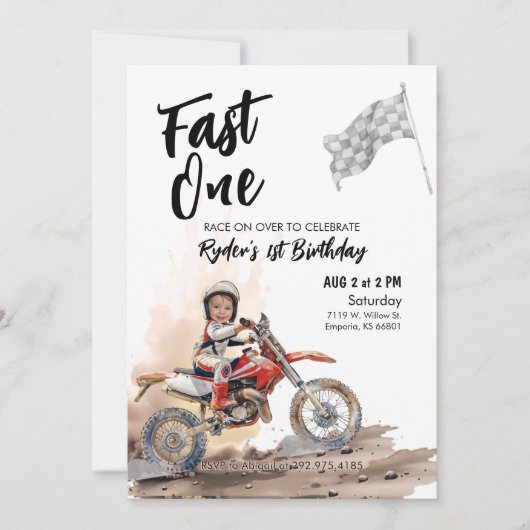Fast One Little Racer 1st Birthday Photo Invite 招待状 (正面)