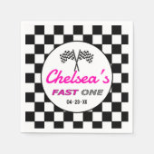 Fast ONE Pink Black White Race Car Flags Birthday  スタンダードカクテルナプキン (正面)
