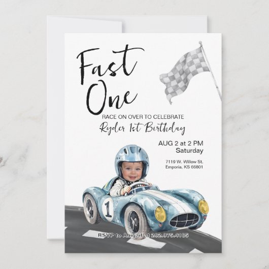 Fast One Race Car 1st Birthday Photo Invitation 招待状 (正面)