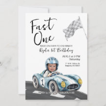 Fast One Race Car 1st Birthday Photo Invitation