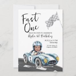 Fast One Race Car 1st Birthday Photo Invitation 招待状