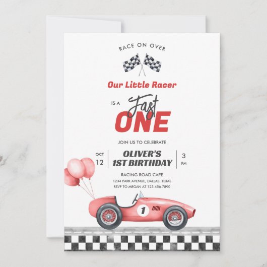 Fast One Race Car Boy 1st Birthday Invitation 招待状 (正面)