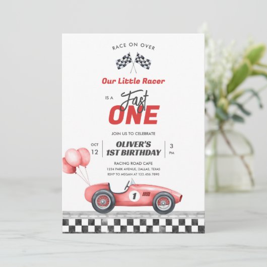 Fast One Race Car Boy 1st Birthday Invitation 招待状 (スタンド正面)