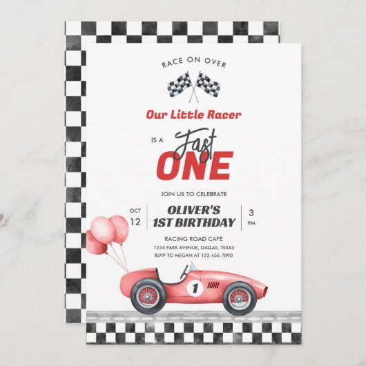 Fast One Race Car Boy 1st Birthday Invitation 招待状 (正面/裏面)