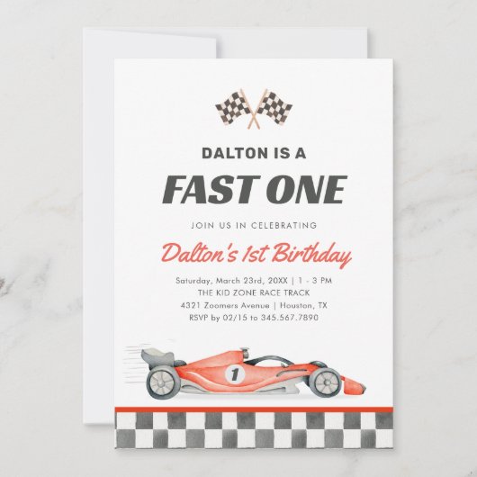 Fast One Race Car Boy 1st Birthday Invitation 招待状 (正面)