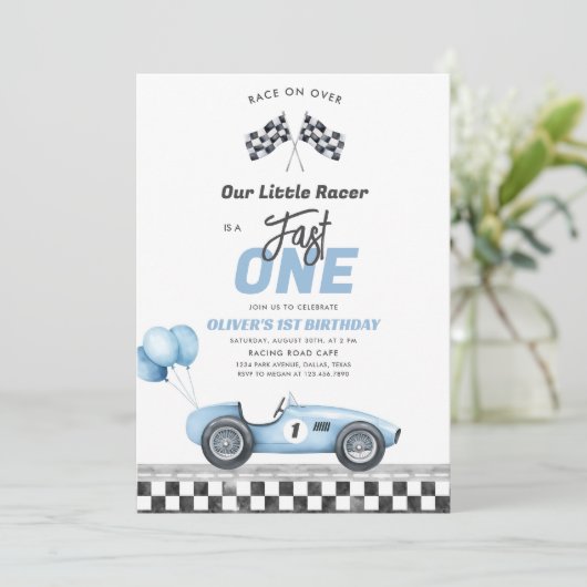 Fast One Race Car Boy 1st Birthday Invitation 招待状 (スタンド正面)