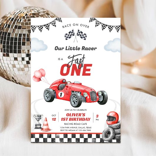Fast One Race Car Boy 1st Birthday Invitation 招待状