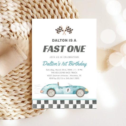 Fast One Race Car Boy 1st Birthday Invitation 招待状