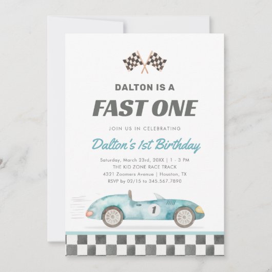Fast One Race Car Boy 1st Birthday Invitation 招待状 (正面)