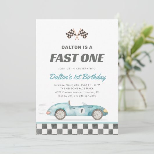 Fast One Race Car Boy 1st Birthday Invitation 招待状 (スタンド正面)
