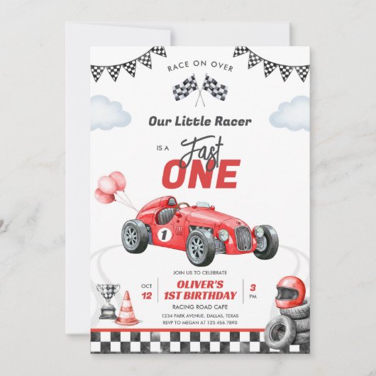 Fast One Race Car Boy 1st Birthday Invitation 招待状 (正面)