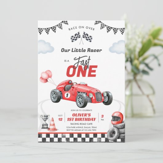 Fast One Race Car Boy 1st Birthday Invitation 招待状 (スタンド正面)