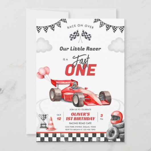 Fast One Race Car Boy 1st Birthday Invitation 招待状 (正面)