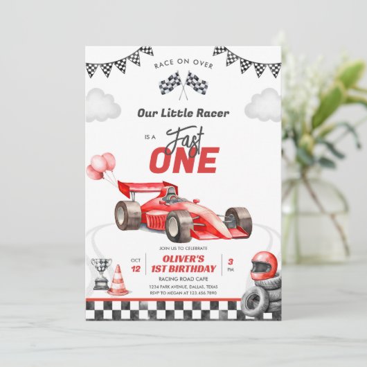 Fast One Race Car Boy 1st Birthday Invitation 招待状 (スタンド正面)