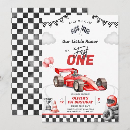 Fast One Race Car Boy 1st Birthday Invitation 招待状 (正面/裏面)