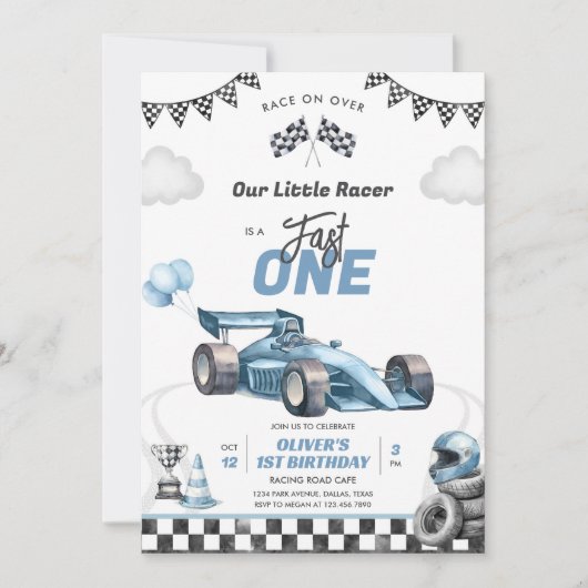 Fast One Race Car Boy 1st Birthday Invitation 招待状 (正面)