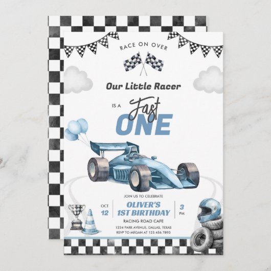 Fast One Race Car Boy 1st Birthday Invitation 招待状 (正面/裏面)