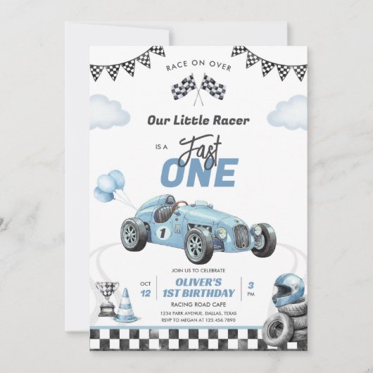 Fast One Race Car Boy 1st Birthday Invitation 招待状 (正面)