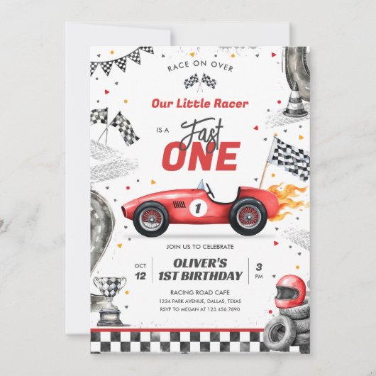 Fast One Race Car Boy 1st Birthday Invitation 招待状 (正面)