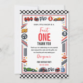 Fast One Race Car Boy 1st Birthday Party サンキューカード (正面)