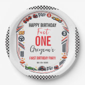 Fast One Race Car Boy 1st Birthday Party ペーパープレート (正面)