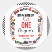 Fast One Race Car Boy 1st Birthday Party ラウンドシール (正面)