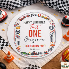Fast One Race Car Boy 1st Birthday Party ラウンドシール