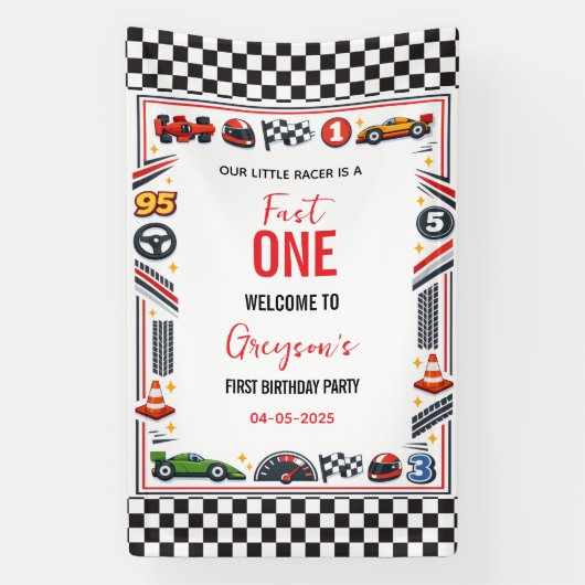 Fast One Race Car Boy 1st Birthday Party 横断幕 (縦)