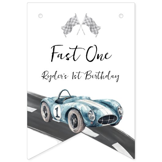 Fast One Race Car First Birthday バンティングフラッグ (第1の旗)