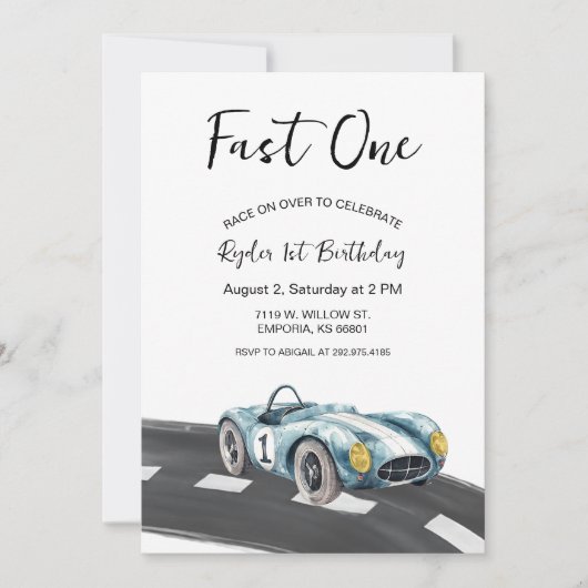 Fast One Race Car First Birthday Invitation 招待状 (正面)