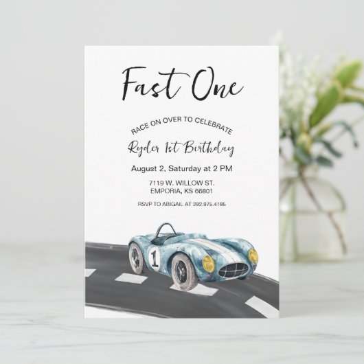 Fast One Race Car First Birthday Invitation 招待状 (スタンド正面)