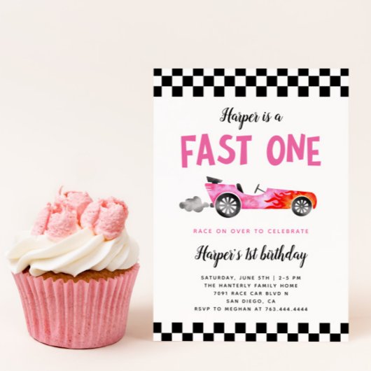 FAST ONE Race Car Girl 1st Birthdayパーティー 招待状