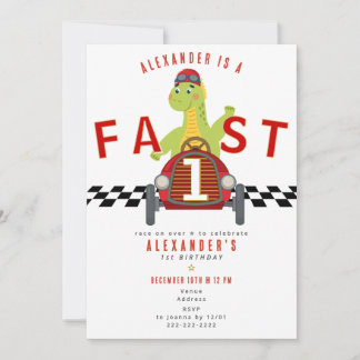 Fast One Race Car Racing Car Dinosaur 1st Birthday 招待状