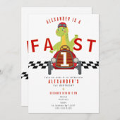 Fast One Race Car Racing Car Dinosaur 1st Birthday 招待状 (正面/裏面)