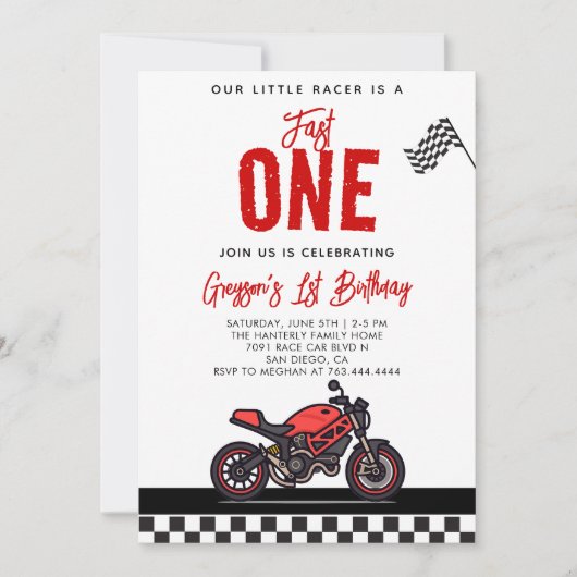 Fast One Race Motorcycle 1st Birthday Party 招待状 (正面)