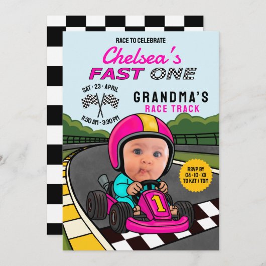 Fast ONE Racer Pink Birthday  招待状 (正面/裏面)