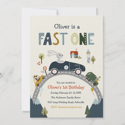 Fast One Racing Car Birthday Invitation 招待状 (正面)