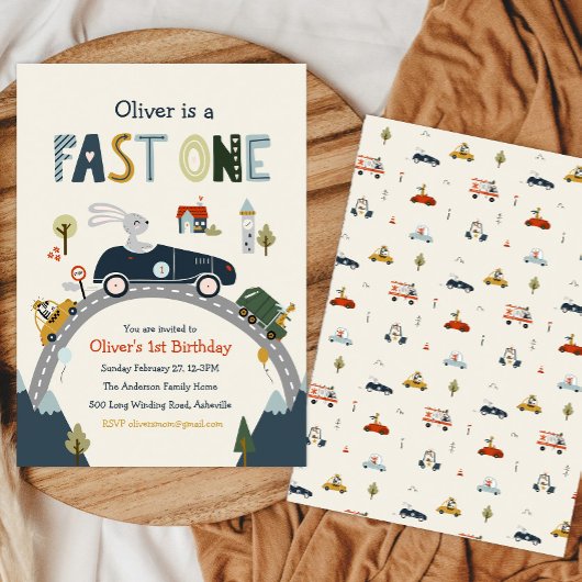 Fast One Racing Car Birthday Invitation 招待状